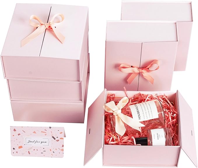 9x9x3 Inch Gift Boxes with Lids, Large Pink Gift Box 6 Pack with Ribbon Card Fancy Gift Wrap Boxes for Festival Anniversary Bridesmaid Proposal Weddings Gift Box for Girlfriend