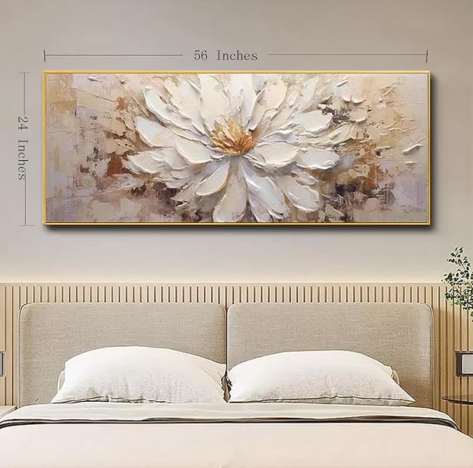 Hand-Painted Flower Canvas Oil Painting for Living Room, Large White Floral Canvas Wall Art for Bedroom,Gold Framed 3D Textured Painting for Office Kitchen Home Decoration 24x56 inches