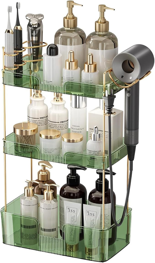 3 Tier Bathroom Organizer Countertop Makeup Perfume Tray Skincare Organizer Comes with Hair Dryer Rack and Toothbrush Holder for Bathroom Dresser Vanity (Green)
