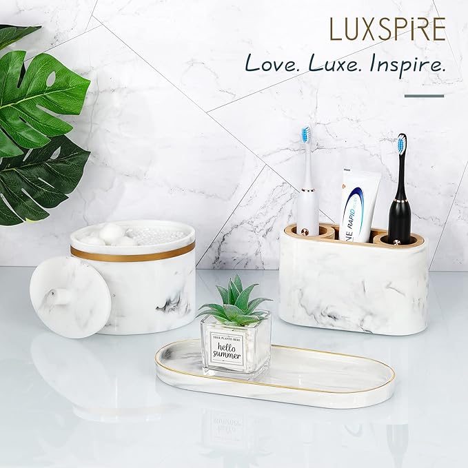 Luxspire Bathroom Vanity Tray, Marble Ceramic Dresser Jewelry Dish with Golden Rim, Decorative Tray Countertop Sink Storage Holder Organizer for Soap Candles Perfume Comestic Home Decor, Marble White