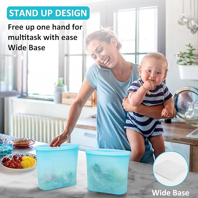 Reusable Food Storage Bags Extra Large, 0.8 Gallon/101 fl.oz/3000 ml, 4 Pack 100% Silicone Food Storage Bags Stand-Up Wide-Mouth Zip-Lock for Large Items, Freezer Microwave Oven Dishwasher Safe, Blue