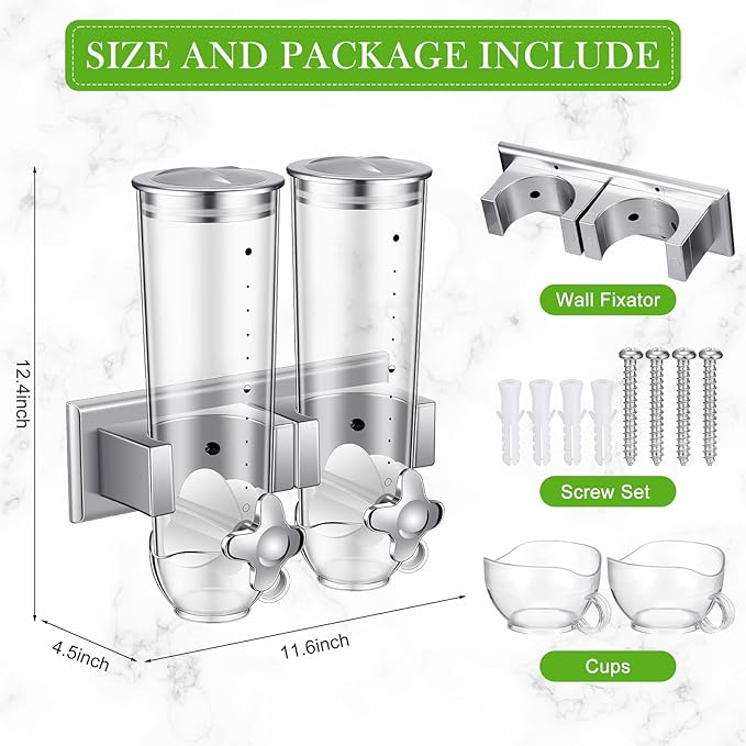 Huwena 4 Sets Cereal Containers Storage,3L Each Set Wall Mounted Cereal Dispenser Dry Food Dispenser Grain Storage Dispenser for Candy Oatmeal Coffee Bean Nuts Food Container (Silver)