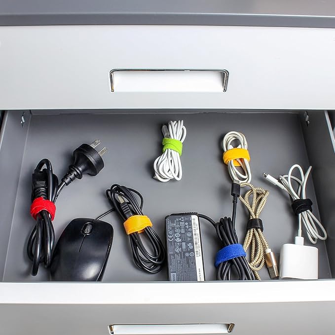 OneLeaf 110PCS Cord Organizer 8 × 1/2" Reusable Cable Ties with Hook and Loop, Colorful Fastening Cord Ties Wire Management for Home, Office, Data Centers, and Electronics, 5 colors