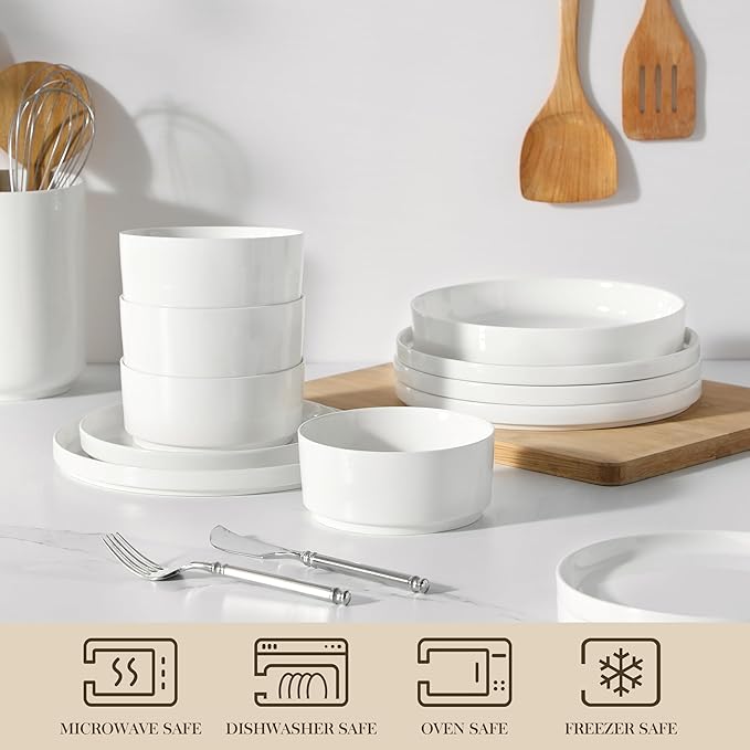 MALACASA 24 Pieces Porcelain Dinnerware Set, Modern White Dish Set for 6, Premium Serving Plates and Bowls Sets, Chip and Scratch Resistant Dishware Sets Kitchen Dishes Dining Ware Set, Series LEAH