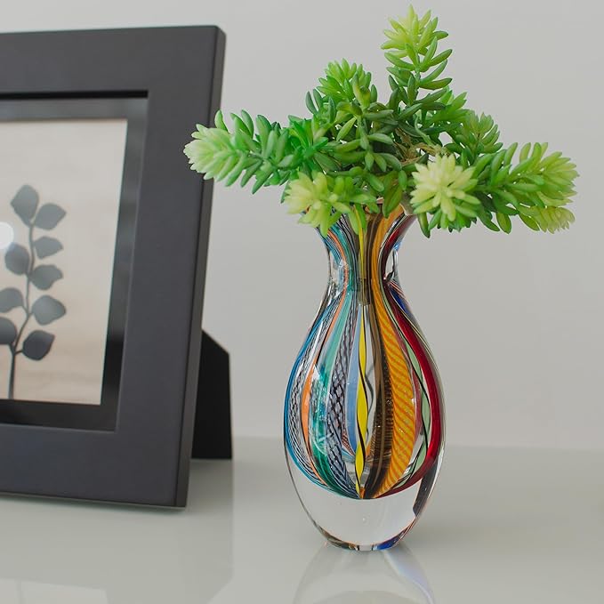 Ca D Oro Small Glass Vase Boho with Colored Canes Hand Blown Murano-Style Art Glass - Model Nº 2