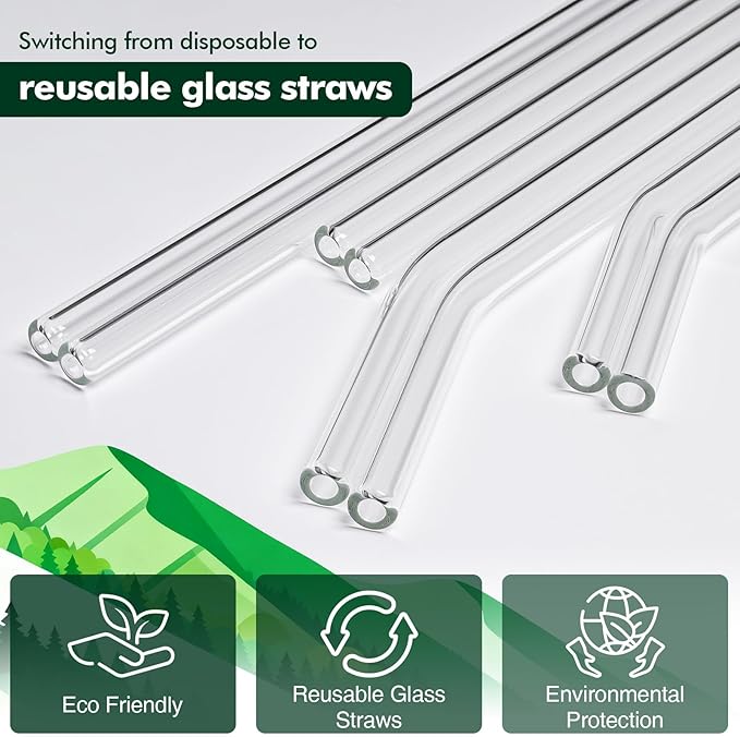 12 Pcs Reusable Glass Straws - Size 10.5"x8mm,8.5"x8mm,Including 6 Straight and 6 Bent Clear Glass Straws with 2 Cleaning Brush for for Smoothies, Coffee, Juice, Sodas, Cocktails