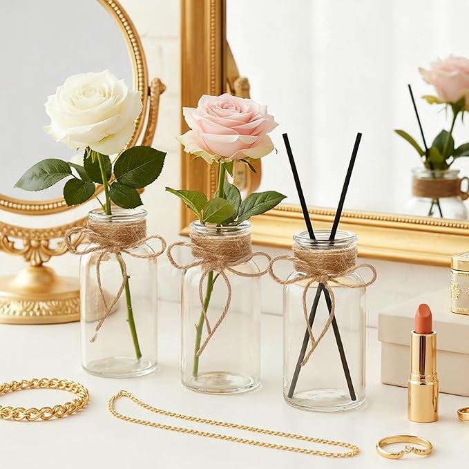 Vintage Glass Flower Vase Set of 8 Clear Vases with Hemp Rope for Farmhouse Wedding Centerpiece Cylinder Bottle for Reception Table Decoration Home Decor Floral Arrangements（Medium）