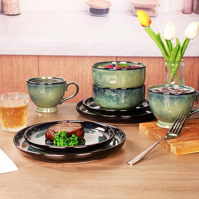 Ceramic Dinnerware (16 pcs) Serve 4 people, Plates and Bowls Sets,Handmade Reactive Glaze Dishes Set,Chip Resistant and Scratch Resistant,Dishwasher, Microwave Safe