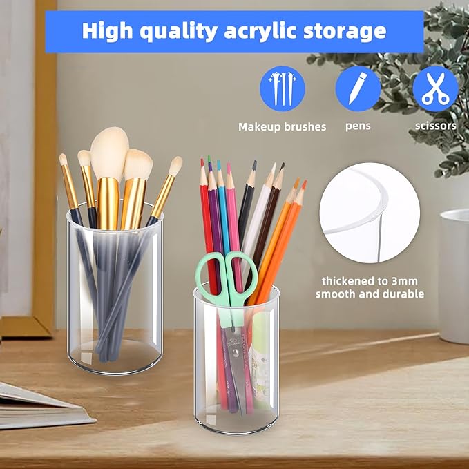 Acrylic Pen Holder 2 Pack, Acrylic makeup brush holder, Clear Pen Cup, Acrylic Cylinder Perfect for Desk organizer, Cylinder