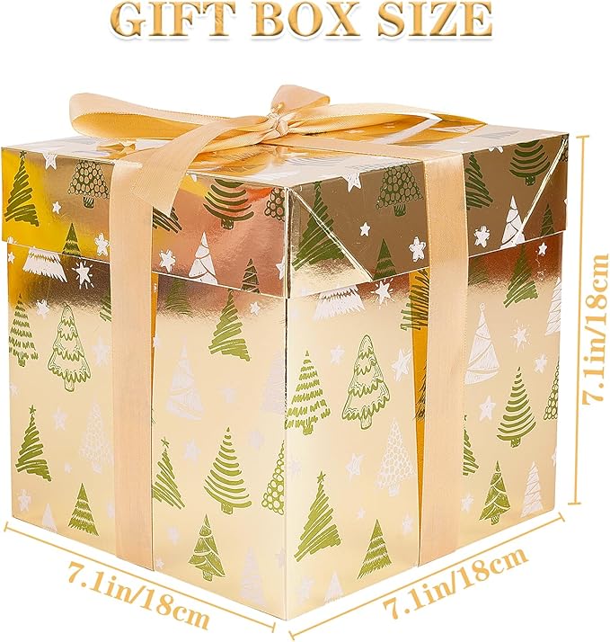 Jaywayang 5 Pack Gold Christmas Gift Boxes with Lids, Ribbons and Tissue Papers Square Gift Boxes - 7.1 Inch - Presents Wrapping Christmas Gift Holiday New Year Party Favor Boxes.