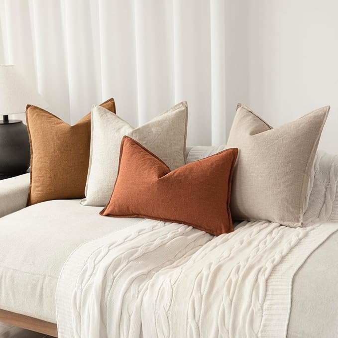 Foindtower Pack of 2, Decorative Linen Soild Throw Pillow Covers Accent Lumbar Cushion Case Boho Farmhouse Pillowcase for Chair Couch Sofa Bedroom Living Room Home Decor 12 x 20 Inch Fall Rust Orange