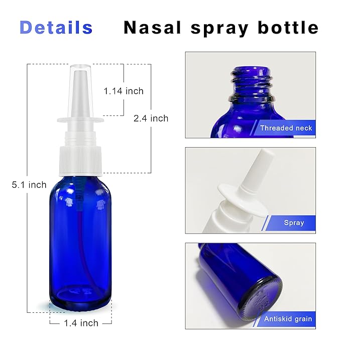 Nasal Spray Bottle 8Pcs 1oz (30ml),Empty Nose Spray Bottle,Glass Nasal Spray Bottles with Funnel, Dropper,Label,Cobalt Blue Glass Press Spray Head Refillable Portable Fine Mist Travel Bottle
