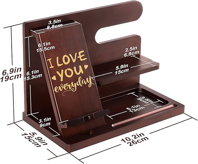 Personalized Wood Phone Docking Station for Husband Boyfriend - I Love You Everyday - Key Holder Wallet Stand Watch Organizer Men Gift Anniversary Birthday Christmas Nightstand Male Travel Gadgets