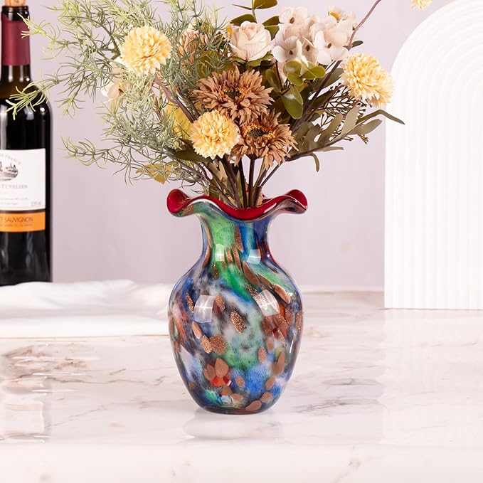 KAMMAK Colored Glass Vase, Beautiful Hand Blown Decorative Vase, Modern Art Vase for Flower Mantle Dining Table Centerpiece, Entryway Living Room Wedding Decoration, FH018