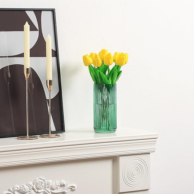 Ribbed Green Glass Vase - 8 Inch Modern Ribbed Vase for Flowers, Living Room, Bathroom, Dining Table, Office, Wedding, Centerpieces