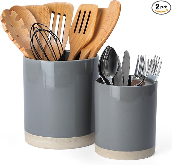 famiware Milkyway Kitchen Utensil Holder for Countertop, 7.2"+5.8" Ceramic Cooking Utensil Crocks for Counter, Utensil Organizer for Spatula & Spoon, Kitchen Decor, Set of 2, Dark Gray