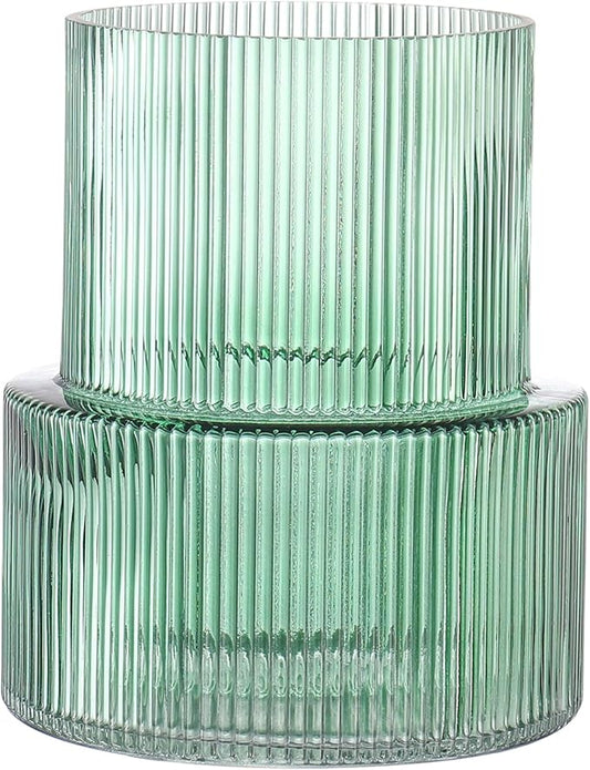 Green Glass Vase, Ribbed Glass Vase for Tulips, Flower Vases for Bouquet, Green Modern Vases for Living Room, Dining Table, Entryway, Mantle, Shelf, Wedding, Office, 7.5 Inches