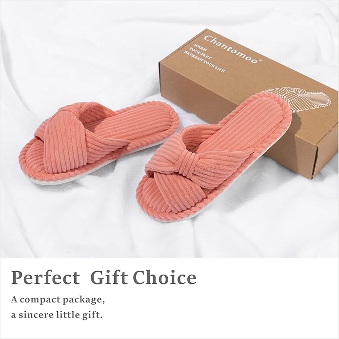 Chantomoo Slippers for Women Memory Foam House Womens Slipper Slides Home Bedroom Bathroom Spa Open Toe Corduroy Bow Slippers Cozy Comfortable