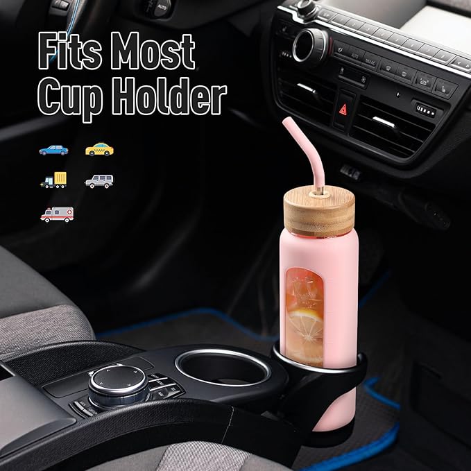 24oz Glass Water Bottle with Straw and 2 Lids-Bamboo and Spout Lid, Borosilicate Glass Water Bottle with Silicone Sleeve and Time Marker,BPA Free & Cupholder Friendly,Pink