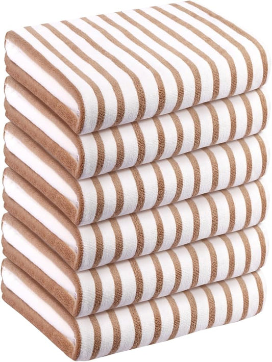 JML Beach Towels, Microfiber Bath Towel Set, Absorbent and Quick Dry for Adults, Travel, Summer, Sport, Swimming, Pool, Yoga, Camping, 6 Pack, 30" x 60", Cabana Stripe Coffee and White