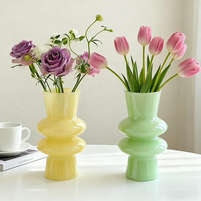 JSPYFITS Glass Vases for Decor, 7.8 Inch Four- Layer Hydroponic Glass Vase Bubble Flower Vases Decorative for Home Décor, Funky Modern Geometric for Living Room/Wedding/Party/Office(Milky Green)