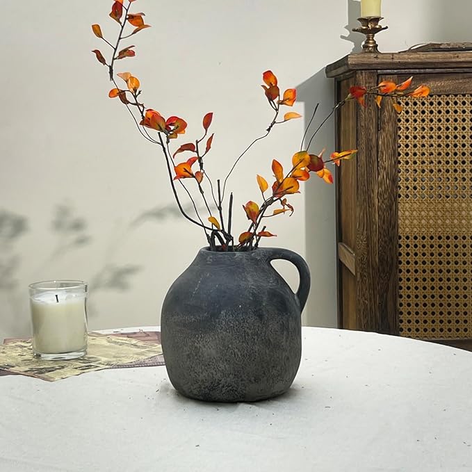 Rustic Ceramic Vase with Handle, Handmade Vintage Pottery for Home Decor, Black Farmhouse Flower Vase for Living Room, Wedding, Kitchen Centerpiece - 5.6 Inch