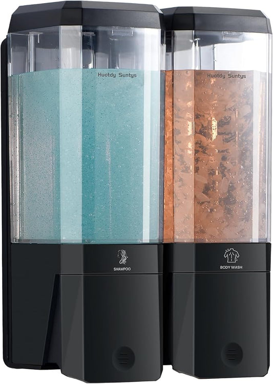 Shower Soap Dispenser Wall Mounted Shower Dispenser 2 Chamber No Drill Shampoo and Conditioner Dispenser Refillable Shampoo Dispener for Shower 2 * 500ml for Bathroom Hotel (Black 2 Chamber)