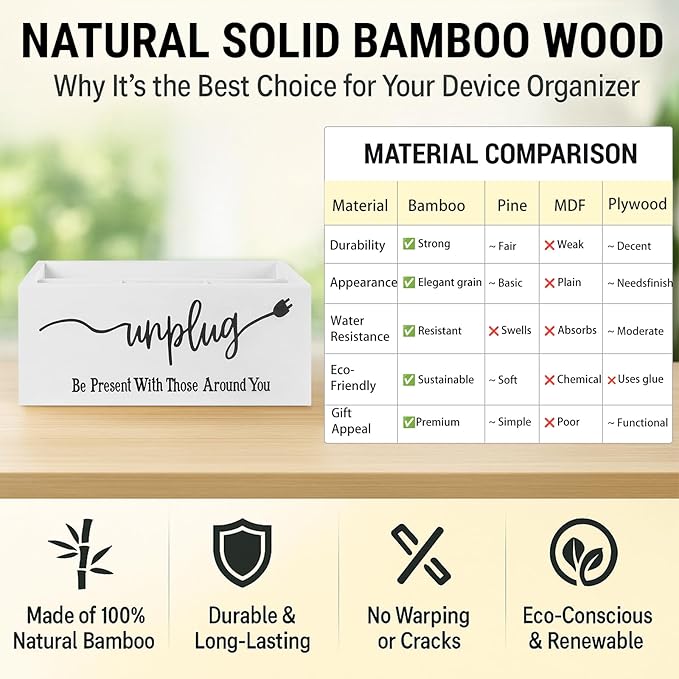 Bamboo Wood Phone Box – Unplug from Phones, Tablets, and Electronics for Study, Meetings, and Family Time, Phone Holder Organizer with Charging Holes, Farmhouse Style, Holds Up to 18 Phones-White