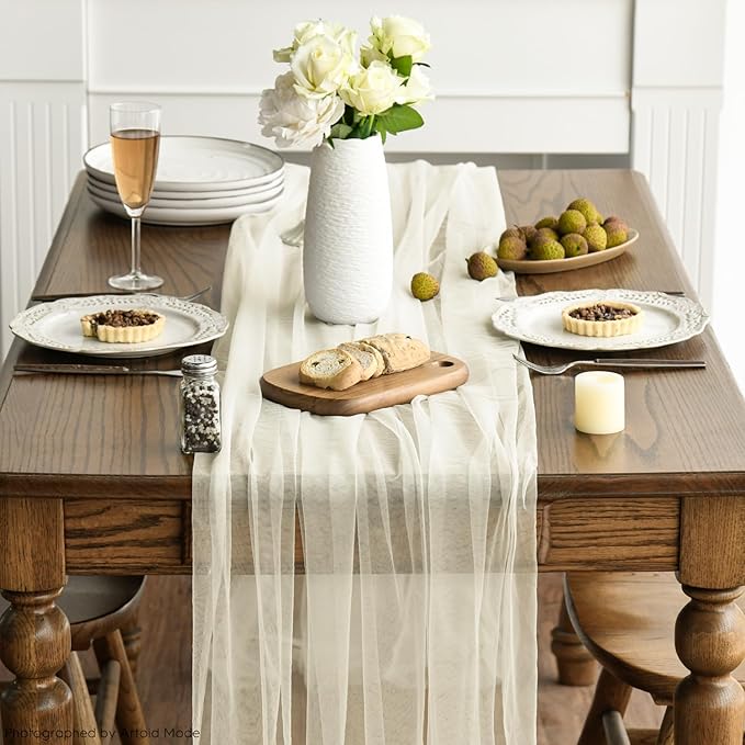 Artoid Mode Beige Gauze Table Runner 120 Inch 10FT, Seasonal Sheer Kitchen Dining Holiday Wedding Birthday Baby Shower Table Decor for Home Party