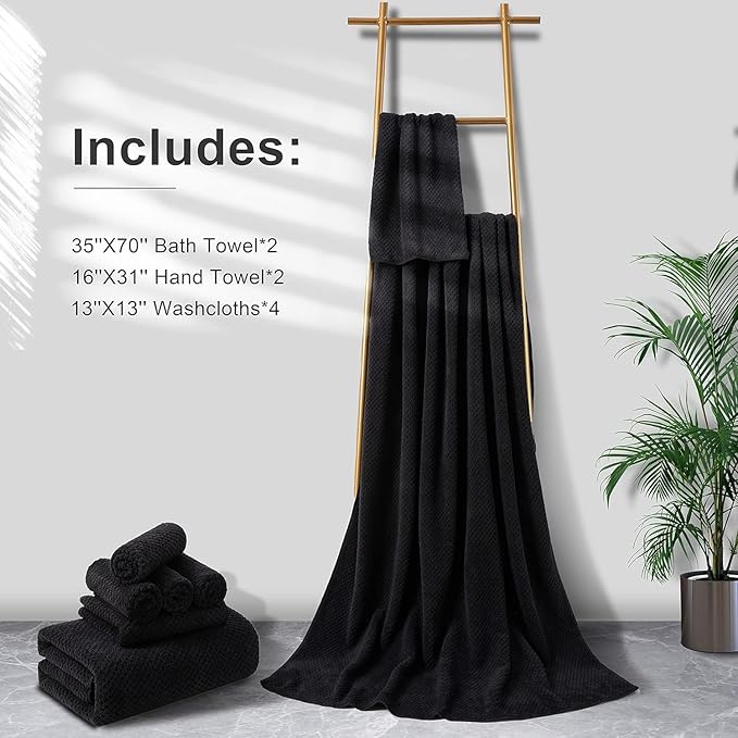 8-Piece Bath Towel Set, 2 Extra Large Bath Towel Sheets, 2 Hand Towels and 4 Washcloths - Highly Absorbent Quick Dry Microfiber,Ultra Soft Towel Set for Bathroom,Waffle Weave Design, Pack of 8 (Black)