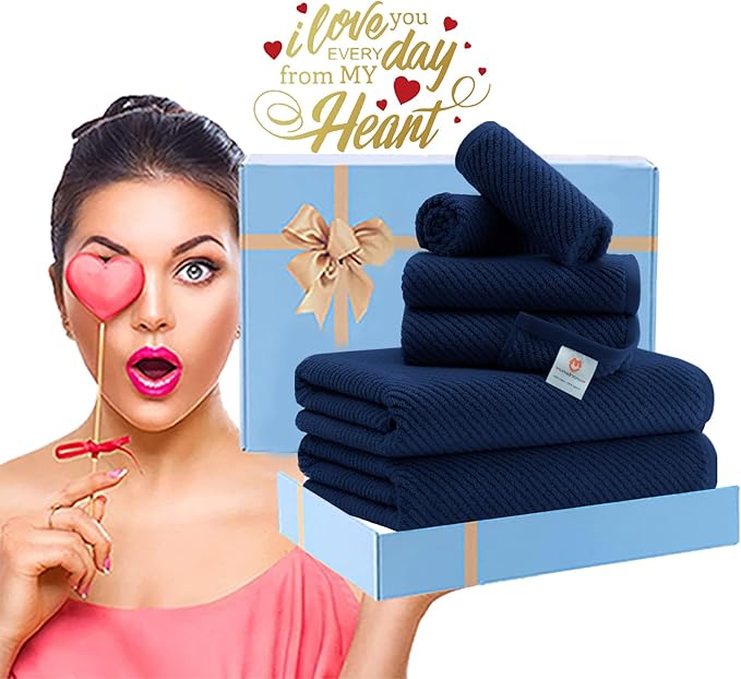 VOOVA & MOVAS Bath Towels - 100% Cotton | Quick Dry | Light Weight | Thick | Soft, Towel Set of 6, 2 Large Bath 30"x56", 2 Hand 18"x28", 2 Washcloths 13"x13", Quick Dry Towel for Shower, Navy Blue