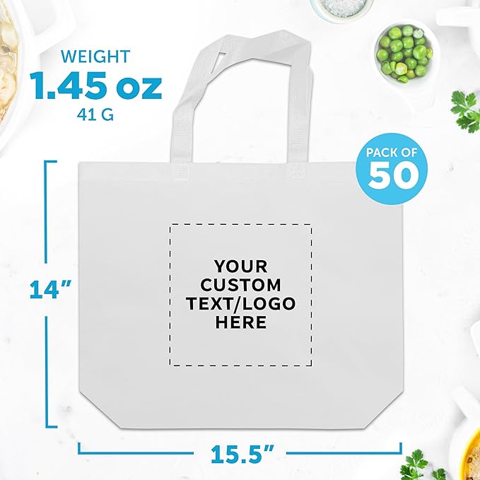 DISCOUNT PROMOS Custom Jumbo Sized Tote Bags Set of 50, Personalized Bulk Pack - Reusable Grocery Bags, Shopping Bags, Promotional Item Totes for Women - White