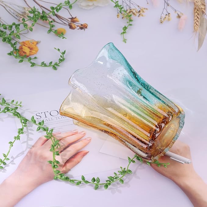 Hand Blown Glass vase, Wide Mouth Petal vase, Colorful Modern Glass Art Home Decor vase for Family Living Room, Wedding Scene, Dining Table Center, Entrance Table top