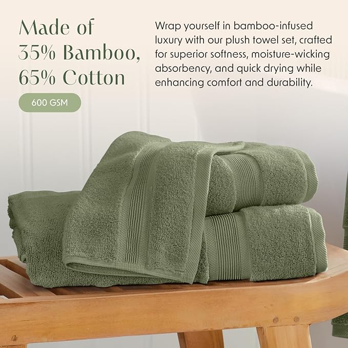 Springtree Home Luxury Viscose from Bamboo Bath Towel Set of 4 | 35% Viscose from Bamboo - 65% Cotton | Absorbent Quick-Dry Towels for Bathroom | Oeko-TEX Standard 100 Cotton | Lily Pad Green