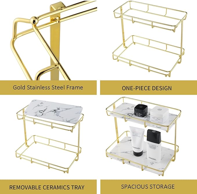Bathroom Organizer Countertop Perfume Organizer Makeup Organizer Cosmetics Storage Display Rack Vanity Tray Dresser Stainless Steel Gold Shelf White Marble Ceramic Tray