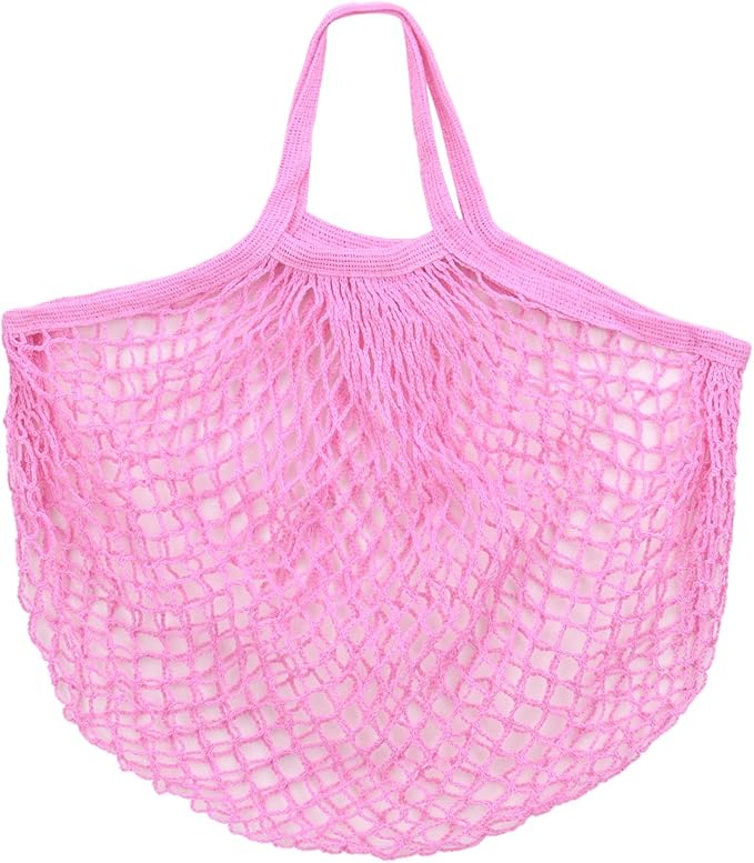 1-Pack Cotton Mesh Bag, Reusable Washable Mesh Net String Grocery Bags, Reusable Produce Bags with Handle, Net Tote Bag for Fruits/Vegetables Shopping [Pink, Short Handle]