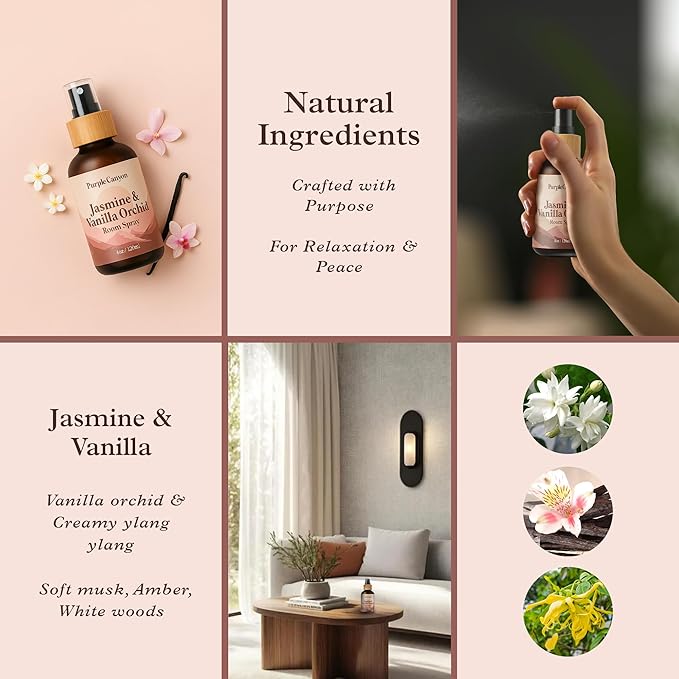 Purple Canyon Jasmine & Vanilla Orchid Room Spray — 4 oz Natural Linen & Room Freshener — Floral & Woody Fragrance Mist — Elegant & Refreshing — Premium Natural Fragrance Oils