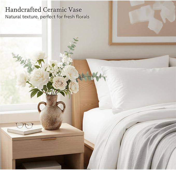 7.1-Inch Terracotta Ceramic Flower Vase with Handles, Rustic Farmhouse Boho Pottery Decor for Table, Living Room & Shelf