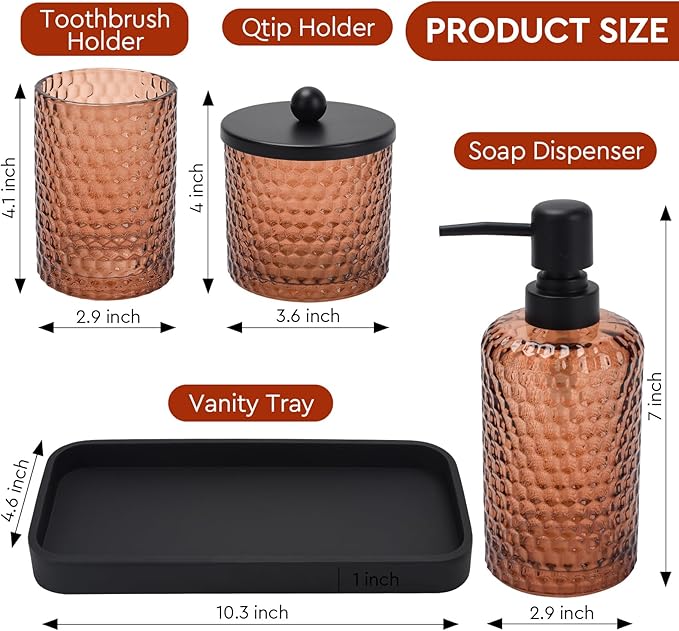Bathroom Accessories Set,4 Pcs Amber Glass Bathroom Accessories Sets-Lotion Soap Dispenser,Toothbrush Holder,Qtip Holder Dispenser & Resin Vanity Tray,Countertop Vanity Organizer,Amber