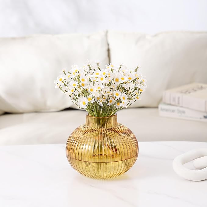 Amber Glass Vase for Tulips, Ribbed Glass Vase for Flowers, Round Flower Vases, Small Short Vases for Living Room, Office, Coffee Table, Shelf, Wedding, 6 Inches