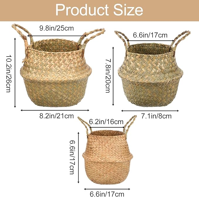 Set of 3 Woven Seagrass Belly Baskets with Handles, Natural Storage Basket Planters for Indoor Plants, Laundry, Picnic, Grocery and Home Decor