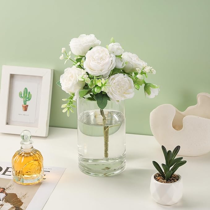 4" Wide 7" High Large Hand Blown Sturdy Clear Cylinder Glass Vase, Centerpiece Flower Vase for Rose, Tulip, Boquets, Hurricane Candle Holder (1, 4"x7")