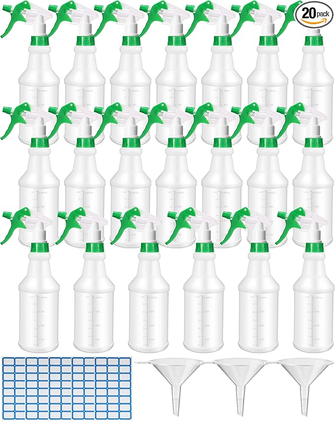 Eccliy 20 Pack 16oz Empty Spray Bottles, Leakproof Cleaning Bottles with Measurement and Adjustable Nozzle for Housekeeping, Commercial Use(Cylinder,Green Spray Head)