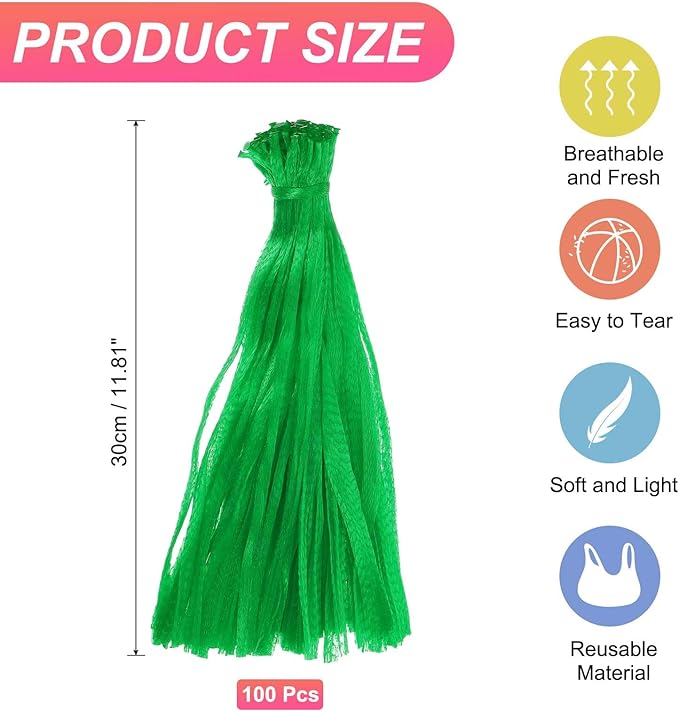 uxcell 100PCS Reusable Mesh Produce Bags, 11.8 Inches Egg Hatching Bags Washable Breathable Fruit Net Stretchable Mesh Netting Storage for Seafood Vegetable Onion Grocery Shopping, Green