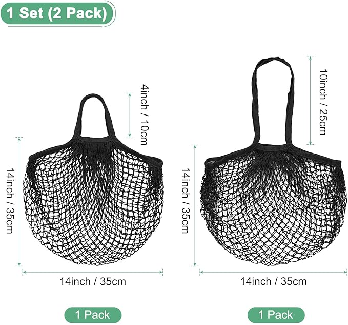 2-Pack Cotton Mesh Bag, Reusable Washable Mesh Net String Grocery Bags, Reusable Produce Bags with Handle, Net Tote Bag for Fruits/Vegetables Shopping [Black, Long&Short Handle]