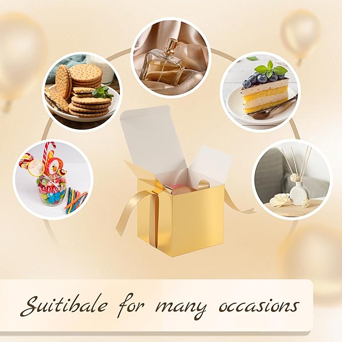 48 Pcs Christmas Gift Boxes with Ribbon Small Party Favor Boxes with Lids Mini Treat Candy Container for Wedding, Party, Birthday, Valentine's Day and More(Gold,4 Inch)