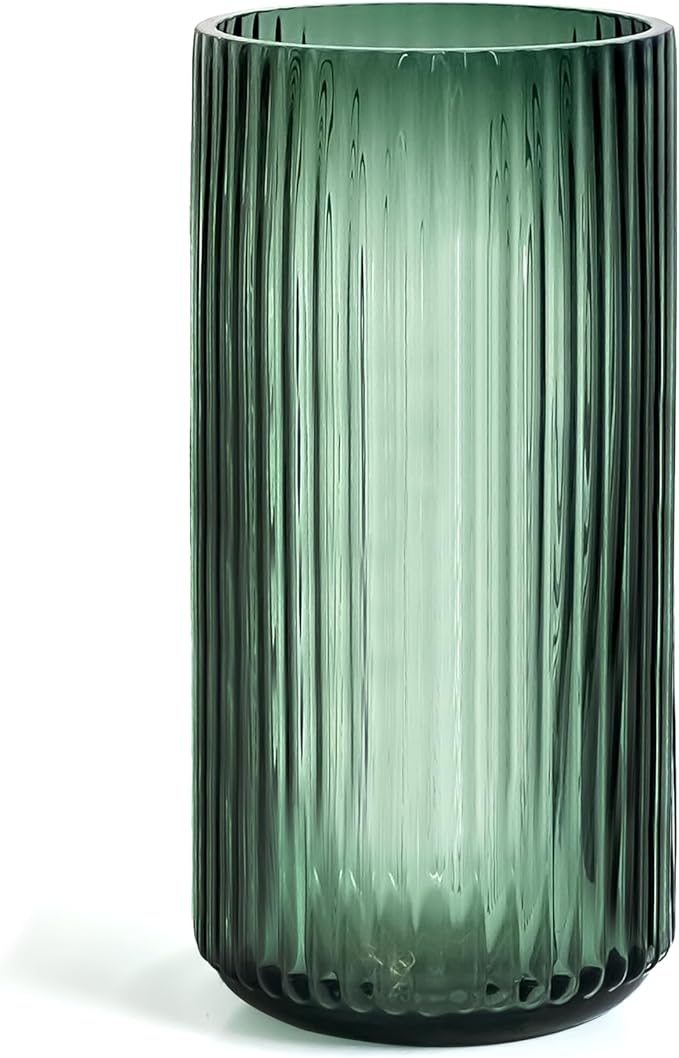 Muyan 7.5" Flower Vase for Decor Ribbed Glass Vase Modern for Centerpieces Desktop Home Office Dining Living Room Wedding (Green)