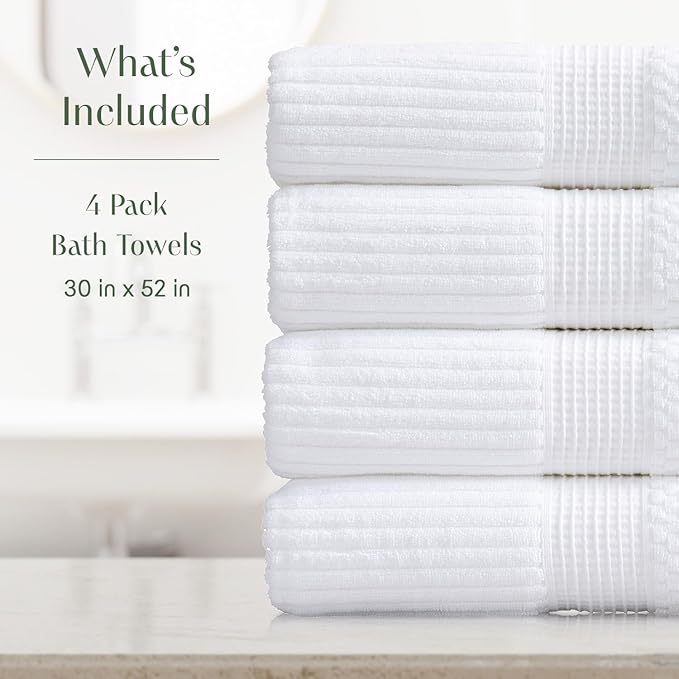 Springtree Home 100% Cotton Bath Towel Set of 4 | Super Soft & Absorbent with Quick-Dry Fibers | 4 Bath Towels | Textured and Durable Cotton | Krista Collection - Bright White