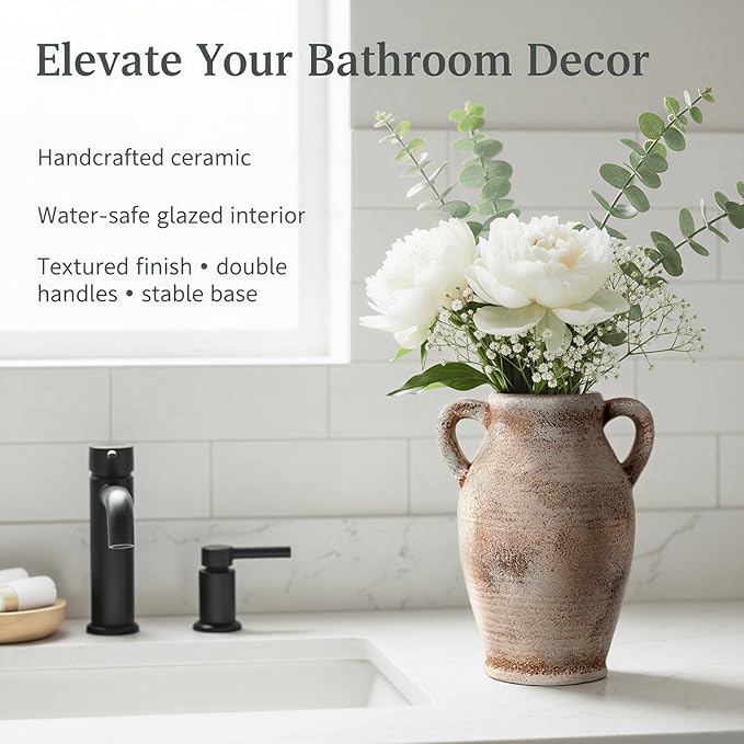 8.1-Inch Terracotta Ceramic Flower Vase with Handles, Rustic Farmhouse Boho Pottery Centerpiece for Table, Living Room & Shelf