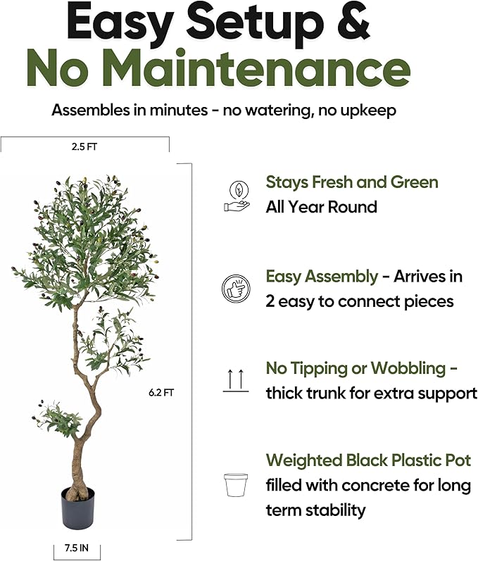 Fake Olive Tree 6.2 Feet – Artificial Plants Indoor, Faux Olive Tree, Fake Tree for Home Decor, Faux Trees Indoor for Living Room, Office, Bedroom – Tall Artificial Trees for Home, Designer Tree